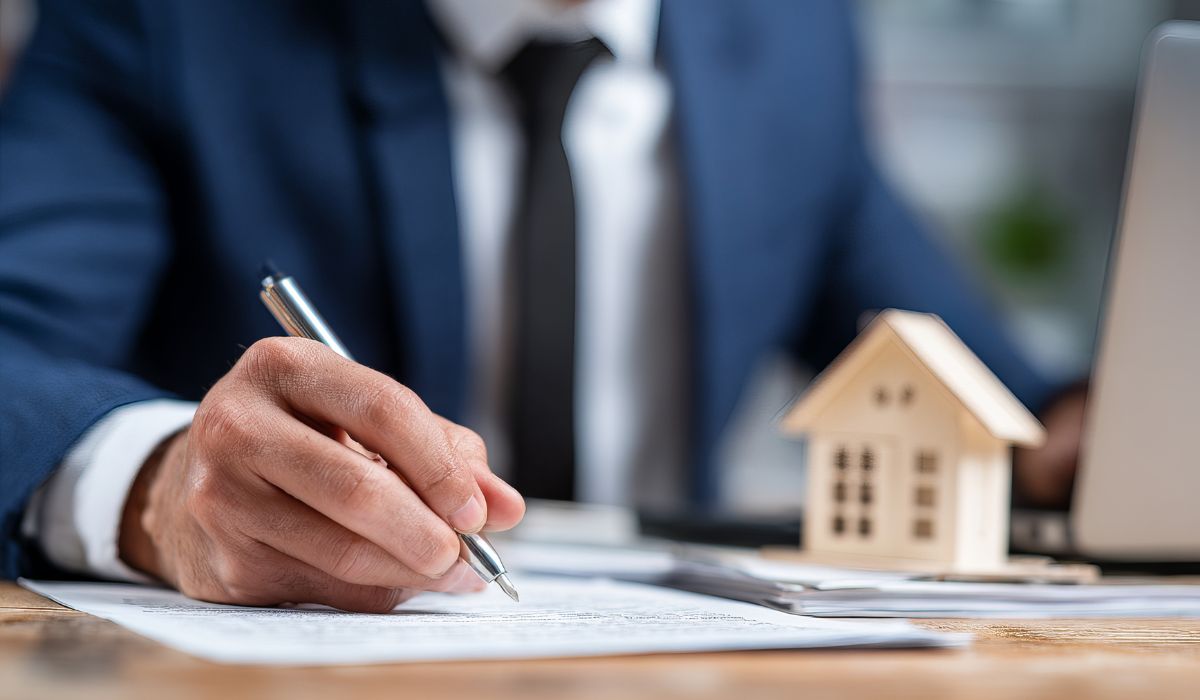 Man signing documents with model house.